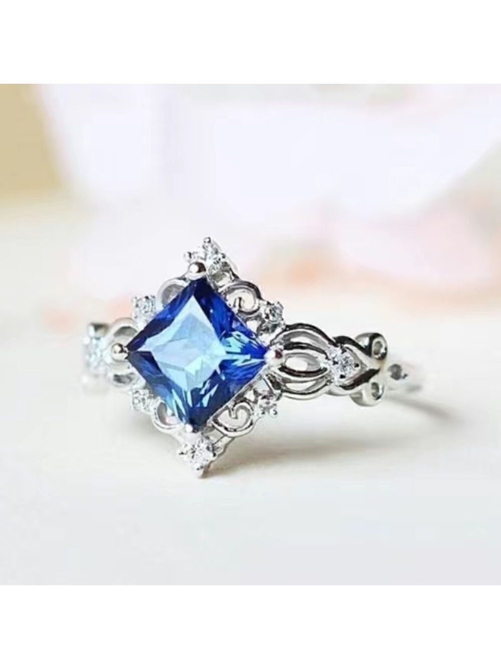 925 Silver Plated  Blue Cubic Zirconia Ring Silver Color Fine Jewelry